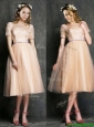 Beautiful Bateau Short Sleeves Prom Dress with Sashes and Lace