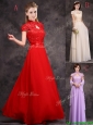 Discount High Neck Applique and Laced Prom Dress with Cap Sleeves