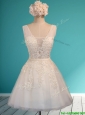 Gorgeous White Deep V Neckline Prom Dress with Appliques and Belt