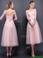 Most Popular Scoop Half Sleeves Baby Pink Prom Dress with Bowknot