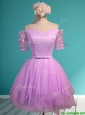 Sweet Lilac Off the Shoulder Short Sleeves Prom Dress with Appliques and Belt