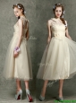 Discount  High Neck Champagne Prom Dresses  with Lace and Hand Made Flowers