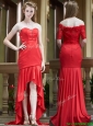Cheap Column High Low Red Bridesmaid Dresses with Brush Train