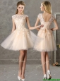 Classical Bateau Cap Sleeves Lace  Prom Dresses in Champagne