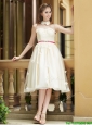 Elegant  High Neck Champagne Bridesmaid Dresses with Appliques and Sashes