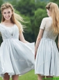Elegant Sweetheart Short Sleeves Bridesmaid Dress with Belt and Lace