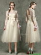 See Through High Neck Half Sleeves Bridesmaid Dresses with Lace and Bowknot