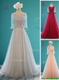 See Through Scoop Half Sleeves Prom Dresses with Appliques and Belt