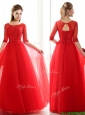See Through Scoop Half Sleeves Red Bridesmaid Dresses with Lace and Belt