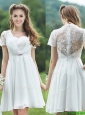 See Through Short Sleeves White Prom Dresses  with Belt and Lace