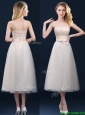 Elegant Low Price Strapless Belt Champagne Long Bridesmaid Dresses in Tulle