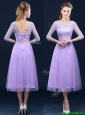 Latest Half Sleeves Tea Length Laced Bridesmaid Dresses in Lavender