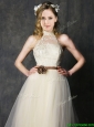Sweet High Neck Champagne Bridesmaid Dresses with Hand Made Flowers and Lace