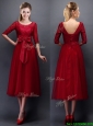 Gorgeous Scoop Half Sleeves Bowknot Mother of the Bride Dresses in Wine Red