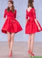 Romantic Bowknot and Laced Scoop Half Sleeves  Mother of the Bride Dresses  in Red
