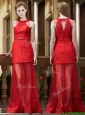 2016 Sexy Belted Red Long Prom Dresses in Tulle and Lace