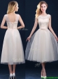 Best Selling See Through Champagne Prom Dresses  with Appliques and Belt