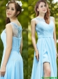 Elegant See Through Scoop Appliques Prom Dresses in Light Blue