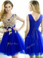 Modest V Neck Short  Prom Dresses  with Rhinestone and Appliques