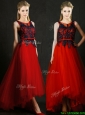Perfect High Low Belted and Black Applique  Prom Dresses  in Red