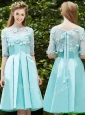 See Through Bateau Half Sleeves Appliques Prom Dresses  in Apple