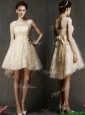 See Through Scoop Champagne Mother of the Bride Dresses with Hand Made Flowers and Bowknot