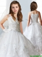 Luxurious White Spaghetti Straps Little Girl Pageant Dress with Appliques and Ruffled Layers