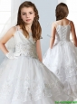 Luxurious White Spaghetti Straps Little Girl Pageant Dress with Appliques and Ruffled Layers