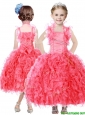 Beautiful Beaded and Ruffled Straps Little Girl Pageant Dress in Coral Red