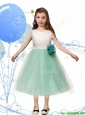 Comfortable Scoop Hand Made Flowers and Bowknot Little Girl Pageant Dress in Apple Green