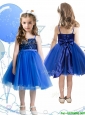 Fashionable Spaghetti Straps Royal Blue Little Girl Pageant Dress with Sashes and Sequins