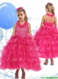Latest Halter Top Beading and Ruffled Layers Little Girl Pageant Dress in Hot Pink