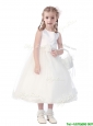 New Style Scoop Hand Made Flowers and Appliques Little Girl Pageant Dress in White