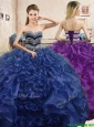 Affordable Beaded and Ruffled Organza Quinceanera Dress in Navy Blue