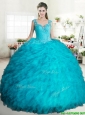Cheap Beaded and Ruffled Turquoise Quinceanera Dress in Tulle