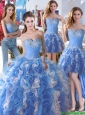 Comfortable Applique and Ruffled Detachable Quinceanera Dresses in Blue and White