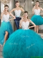Affordable Beaded and Ruffled Detachable Quinceanera Dresses in Teal and White