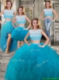 Modest Scoop Cap Sleeves Teal Detachable Sweet 16 Dresses with Beading and Ruffles