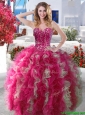 2016 Visible Boning Beaded and Ruffled Quinceanera Dress in Hot Pink