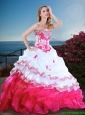 Visible Boning Beaded and Ruffled Quinceanera Gown in Hot Pink and White