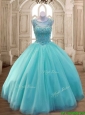 See Through Scoop Aqua Blue Quinceanera Dress with Beading for Spring