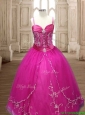 Exquisite Spaghetti Straps Beaded and Applique Quinceanera Dress in Hot Pink