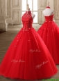 Fashionable Halter Top Beaded Tulle Quinceanera Dress in Red