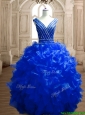 Modest Beaded and Ruffled Deep V Neckline Quinceanera Dress in Royal Blue
