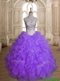 Fashionable Big Puffy Beading and Ruffles Quinceanera Dress in Purple