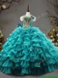Fashionable Halter Top Teal Quinceanera Dress with Beading and Ruffled Layers