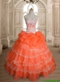 Exquisite Orange Red Big Puffy Quinceanera Dress with Ruffled Layers and Beading