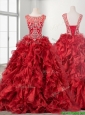 See Through Beaded Scoop Wine Red Quinceanera Dress with Brush Train