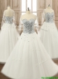 See Through Scoop Long Sleeves White Quinceanera Dress with Beading