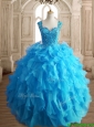 Cheap Straps Beading and Ruffles Quinceanera Dress in Aqua Blue